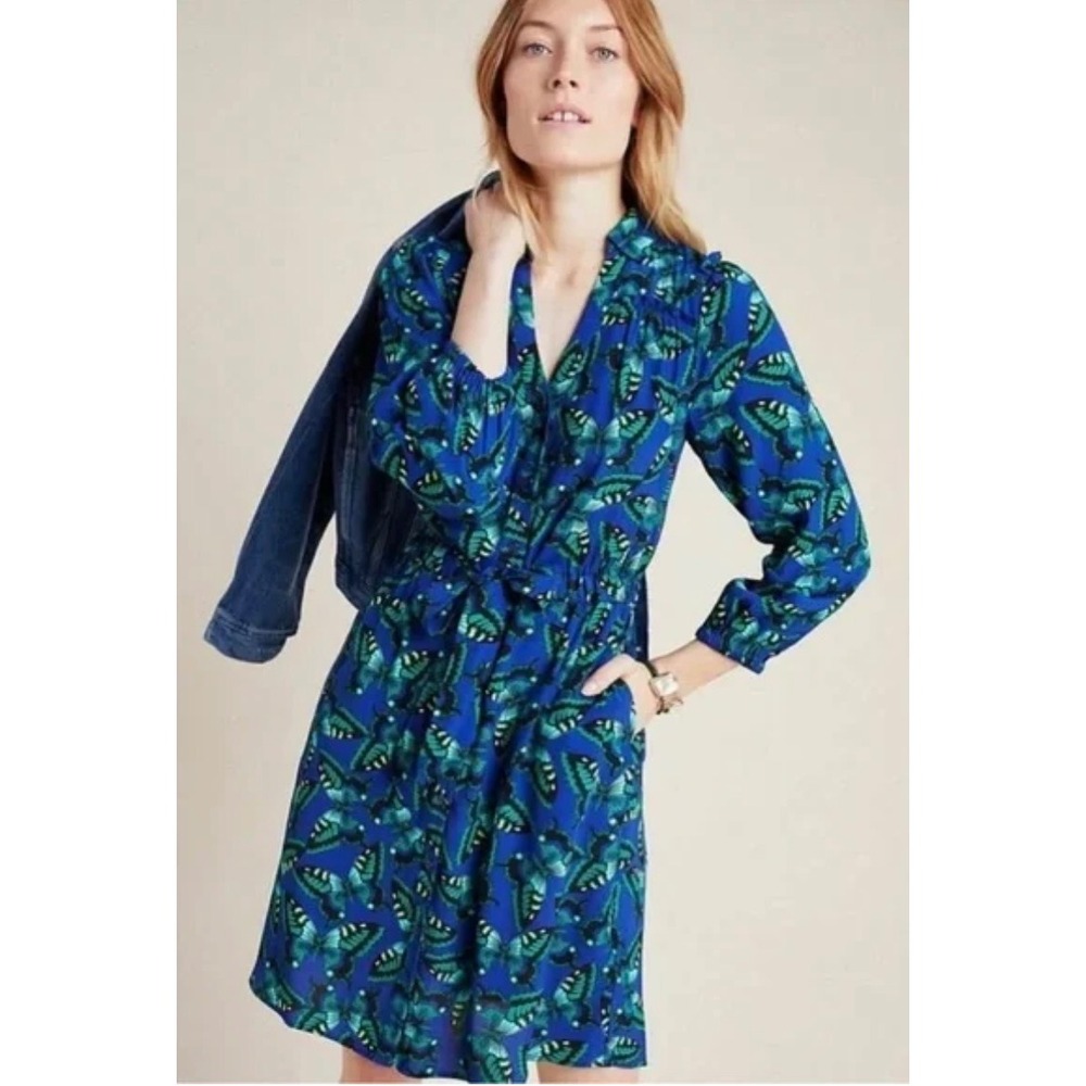 Maeve Anthropologie Pippa Butterfly Print‎ Dress Long Sleeve Mini Blue XS
